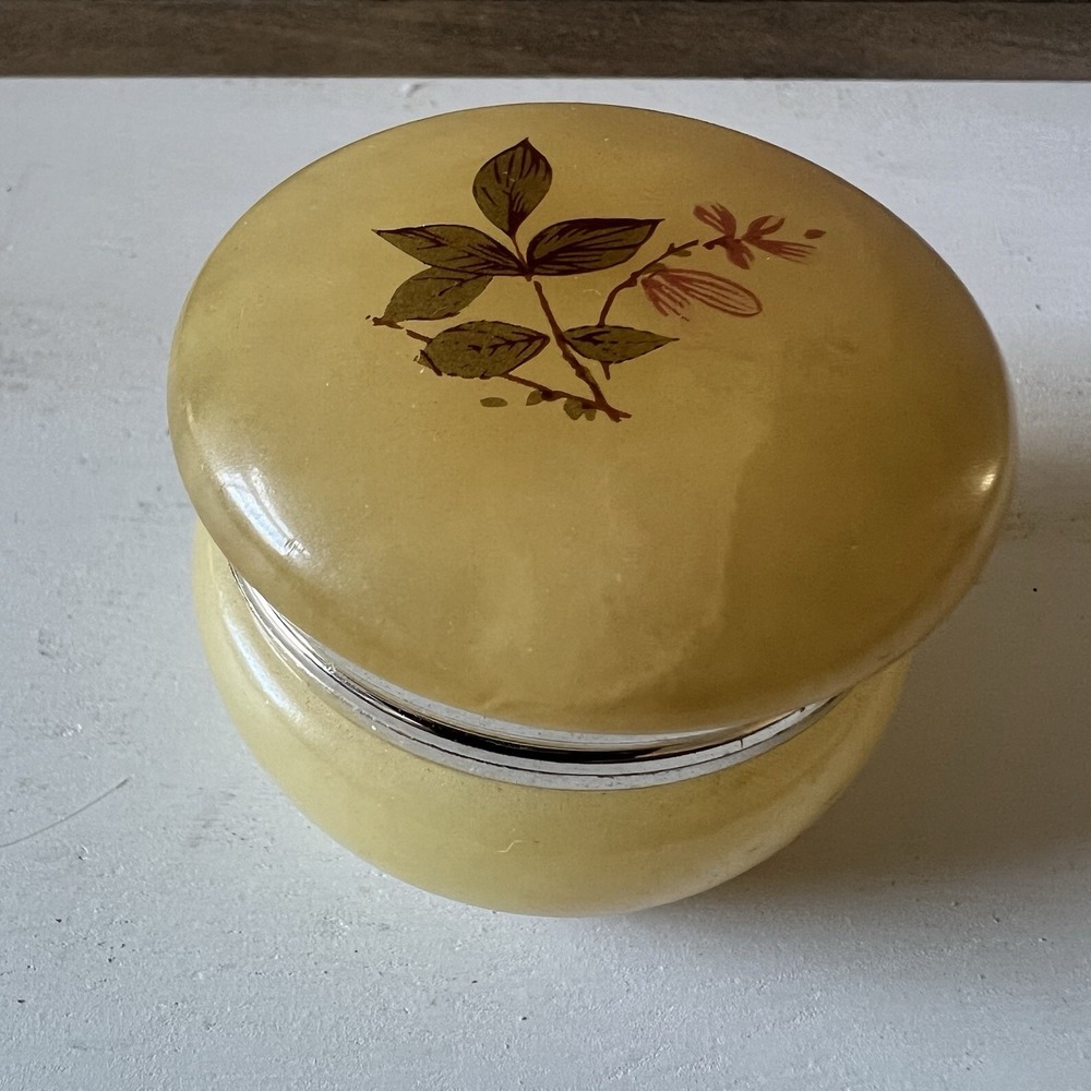 Vintage Yellow Alabaster Trinket‎ Box With Floral Pattern On Top 2 In W X 1.75 H